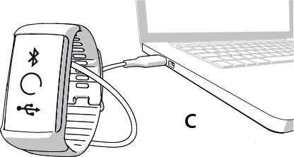 USB-kabeln (B) som medföljer i paketet. Ladda inte enheten när dess USB-port är fuktig. Om USB-porten på din A360 har blivit fuktig ska du låta den torka innan du ansluter kabeln. 3.