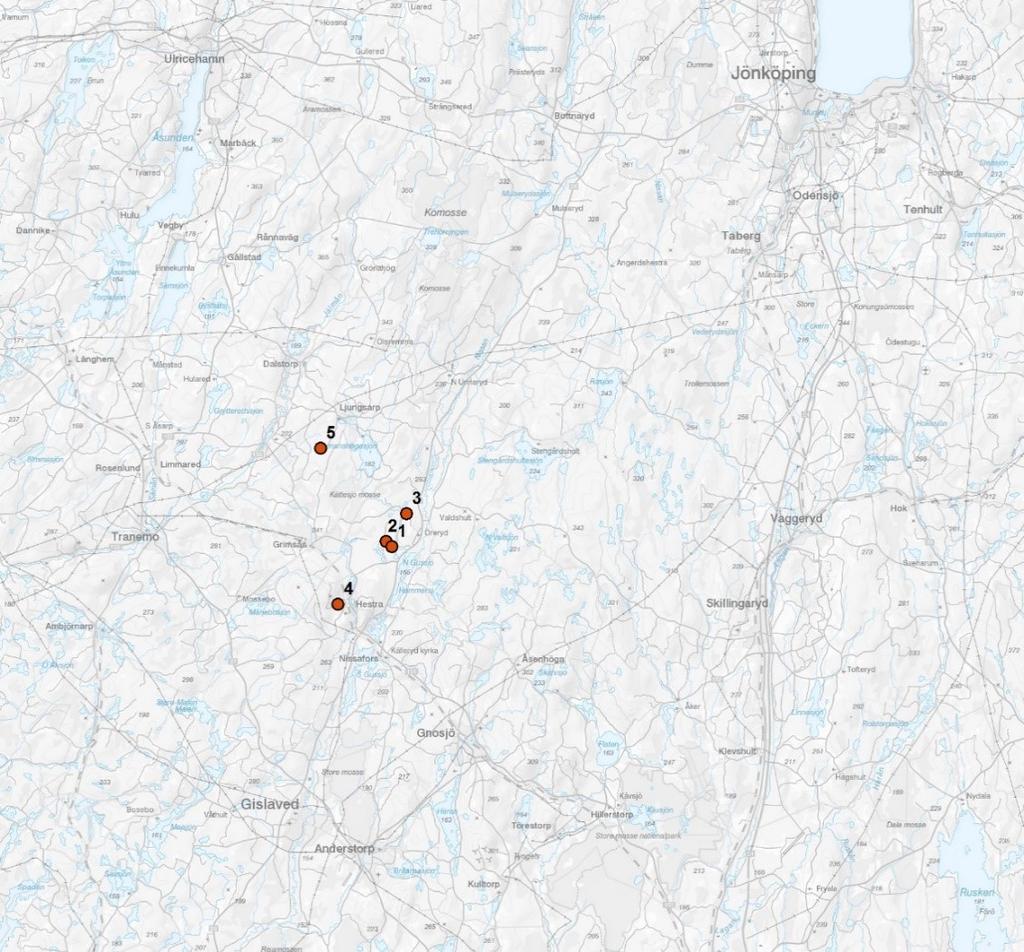 Figur 1. De fem olika objektens geografiska placering. Totalt studerades tre lass på Objekt 1, ett lass på Objekt 2, två lass vardera på Objekt 3 och 4, och två lass på Objekt 5.