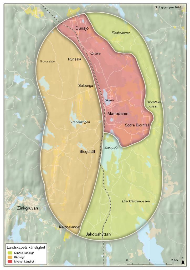 KARTA 8: Karaktärsområdenas generella känslighet för nya inslag som kan påverka särdrag och kvaliteter i landskapet 1.