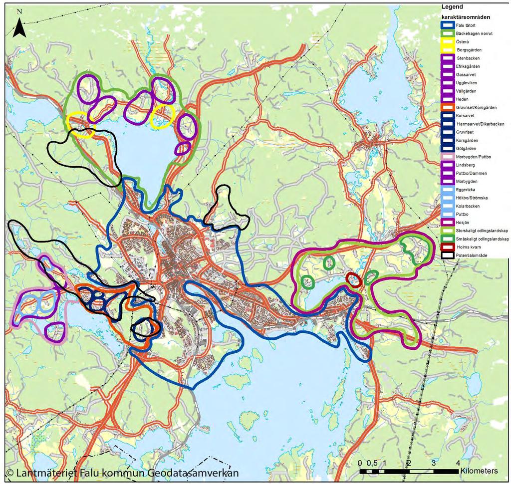 Karaktärsområden översiktligt beskrivna Odlingslandskapet runt Falun har delats i fem olika karaktärsområden samt skogen och potentialområden.