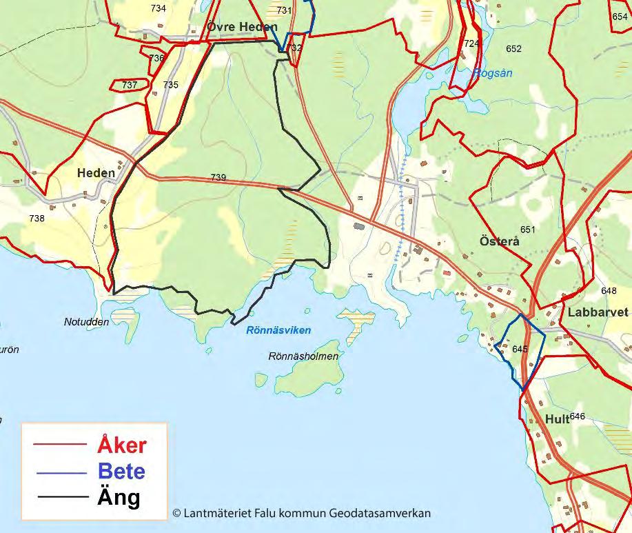 Utsnitt av skikt Odlingsmarker_1700.shp, bilden visar skiktet i ett överlägg på modern karta. GIS-skiktet är skapat utifrån följande kartor: E-50096. Stora Kopparbergs arkiv, Arkivcentrum Dalarna.