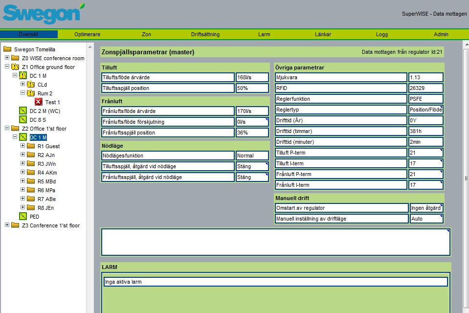 6.1.3 Zonspjäll/Router På zonsidan redovisas produktens parametrar samt dess Modbus-ID. Vilka parametrar som visas eller kan ändras beror på vilken typ av användare som är inloggad.