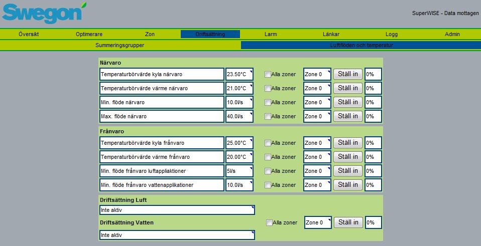 6.3.1 Driftsättning På denna sida finns möjlighet att ändra börvärden för alla rumsprodukter inom en zon eller alla zoner.