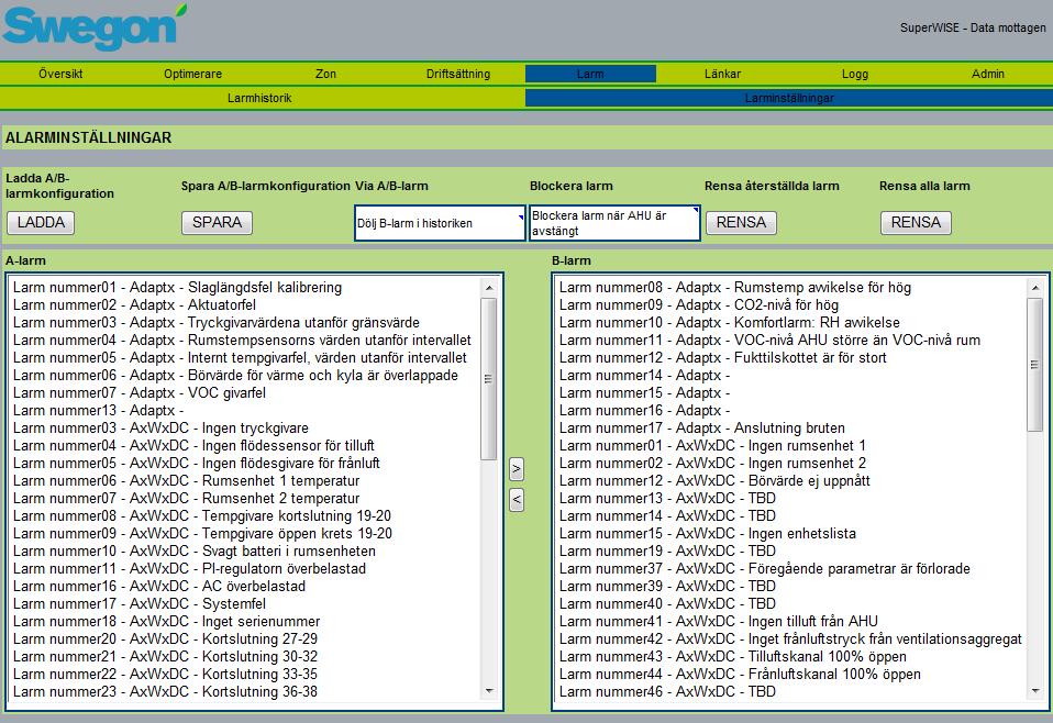 Under fliken larminställningar görs alla inställningar för larmhanteringen. Alla larm i Super WISE är indelade i A- och B-larm. Som standard är funktionslarm A-larm och komfortlarm B-larm.