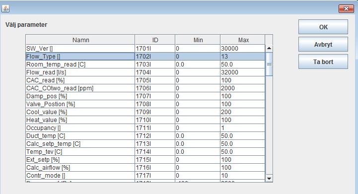 Välja parametrar Antalet parametrar som är valda i parameterfönstret gör ingen skillnad i antalet datapunkter som sparas i loggen, då samtliga tillgängliga parametrar alltid sparas.