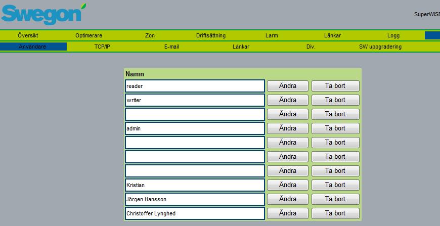 6.7 Admin 6.7.1 Admin-användare Under denna flik hanteras användare i Super WISE. Här anges vem som har åtkomst till webbsidor samt hur och vem som ska bli informerad vid eventuella larm.