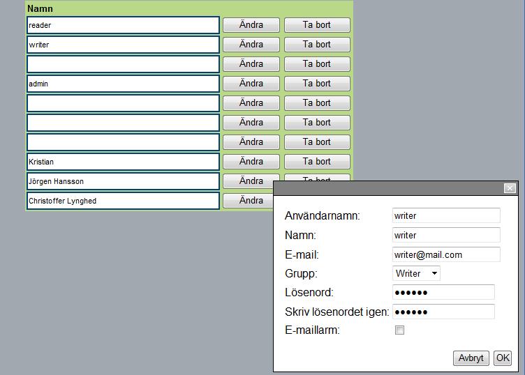 Grundinställningen för de olika användarnas lösenord är: Användare Lösenord reader reader writer writer service service admin admin Larm via e-post kan skickas om Super WISE är kopplat till