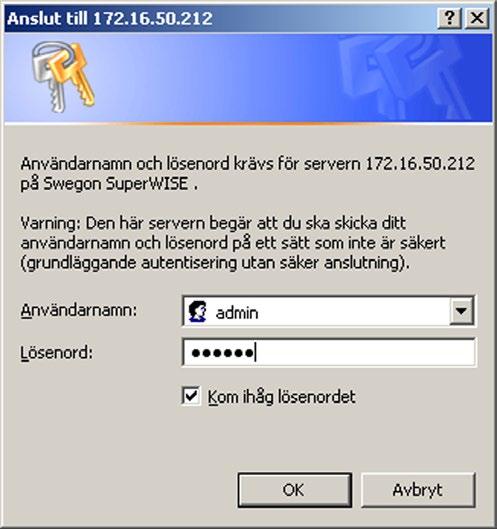 4. Inloggning Starta webbläsaren och ange IP-adress för Super WISE (fabriksinställning http://10.200.1.2). En inloggningsruta öppnas, där användarnamn och lösenord skall anges, se figur 9.