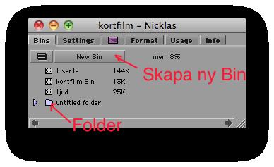 Att sortera material Har man myckat filmklipp, ljud och bilder kan det vara en bra ide att sortera det i flera Bins.
