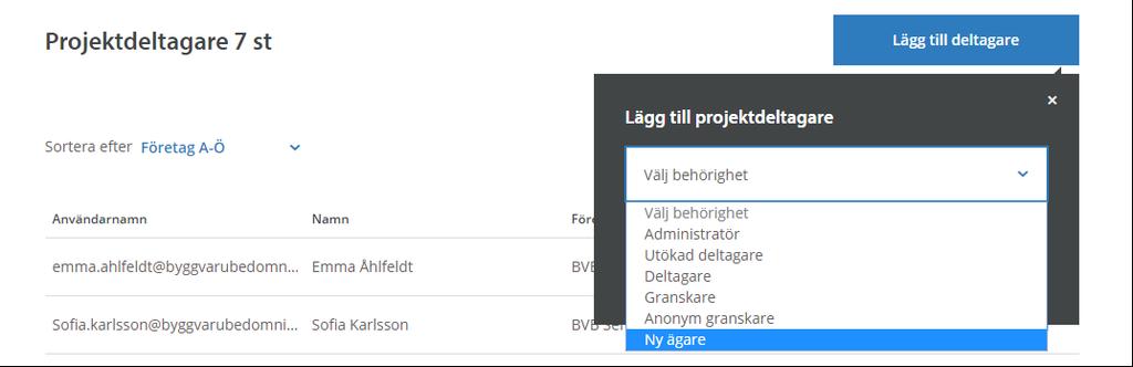 Ny ägare 1. Klicka på fliken Deltagare för att finna alla deltagare i projektet. 2.