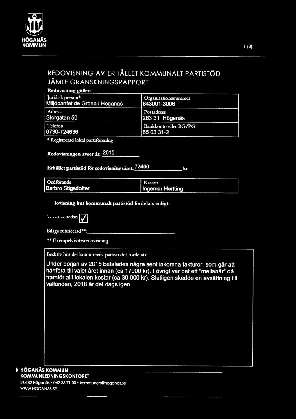 /PG 0730-724636 65 03 31-2 * Registrerad lokal partiförening Redovisningen avser år: _2_0_15 Erhållet partistöd för redovisningsåret:_7_24_0_0 kr Ordförande Barbro Stigsdotter Kassör