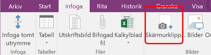 122 2. OBS! skärmurklipp tas från föregående aktiva fönster (programfönstret som var aktiv innan man bytte till OneNote). 3. Markera det område du vill klippa ut 4.