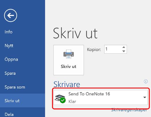 125 Gör så här: 1. I programmet som man vill skall skicka information till OneNote välj Skriv ut (här används Internet Explorer som exempel) 2.