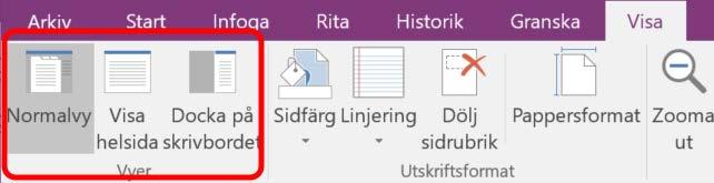 Docka på skrivbordet (Dock to Desktop): OneNote lägger sig till höger om det aktiva programmet utan menyflikar och sidområde.