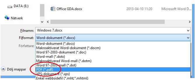 Eftersom du har konverterat dokumentet till ett Word-dokument måste du komma ihåg att spara det som ett PDF-dokument när du är klar. Det kan du t ex göra genom att spara som vanligt.