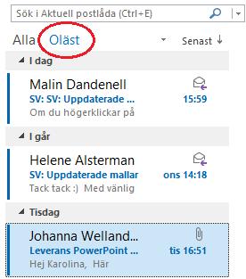 48 Infogade svar Hitta alla olästa brev genom att klicka på knappen Oläst. För att visa alla brev igen klickar du bara på knappen Alla (All).