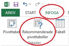 75 I dialogrutan som visas väljer du något av de alternativ som föreslås och klickar sedan på OK så skapas pivottabellen på en egen flik som tidigare. Rekommenderade pivottabeller.