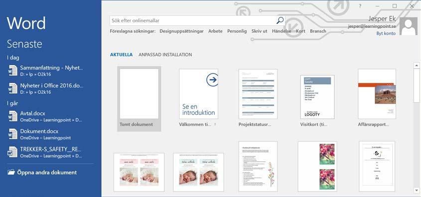 7 Nyheter i Office 2016 Office 365 för företag Startskärmen Office 365 är Microsofts övergripande namn på Office oavsett version och vad som ingår.