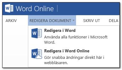 87 Vill man börja arbeta med dokumentet måsta man gå in i redigerarläge Redigering Online För att kunna redigera ett dokument online som är sparat på OneDrive måste man gå in redigeringsläge: 1)