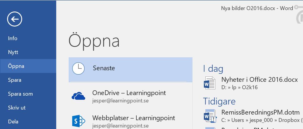 8 I Office 2016 kan du nu tydligare hitta knappen Bläddra direkt under dina val för Öppna (Open) samt även