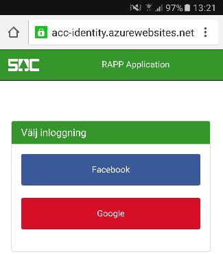 Logga in/skapa konto Inloggning till Rapp sker via ett Facebook- eller Google-konto.