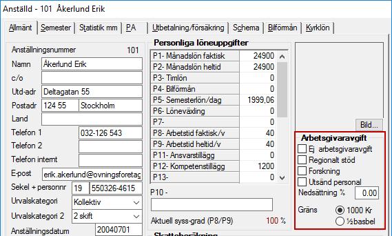 Inställningen som styr gränsen för arbetsgivaravgift hittar du i registret Anställda, fliken Allmänt.