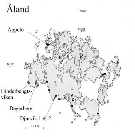 Figur 1. Karta över undersökningsområdet med alla flygfotograferade lokaler utmärkta med ringar. Lokaler som ingår i vegetationskarteringen och / eller tungmetallanalysen namngivna.