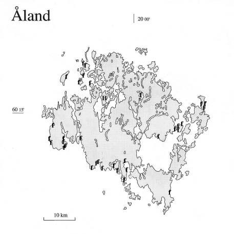 Figur 2. Karta över undersökningsområdet med alla under åren 1998 2000 undersökta epifaunalokaler utmärkta med ett f. H = Husö biologiska station.