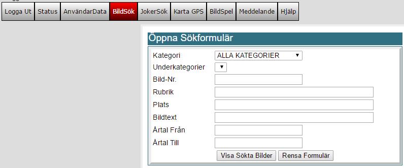 BILDSÖK Detta är standardsidan för sökning i Bildarkivet. Arkivet är uppbyggt med "Bild-numret" som sammanhållande ID-nummer.