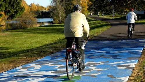 Cykel- respektive gångsymboler med täta mellanrum, maximalt 40 meter.