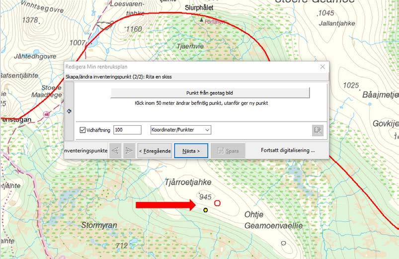 Med ritverktyget är det nu möjligt att markera i kartan var inventeringspunkten finns. Om koordinaten lagts in enligt beskrivningen i avsnitt 3.1 letar du reda på den (gul punkt i figuren ovan).