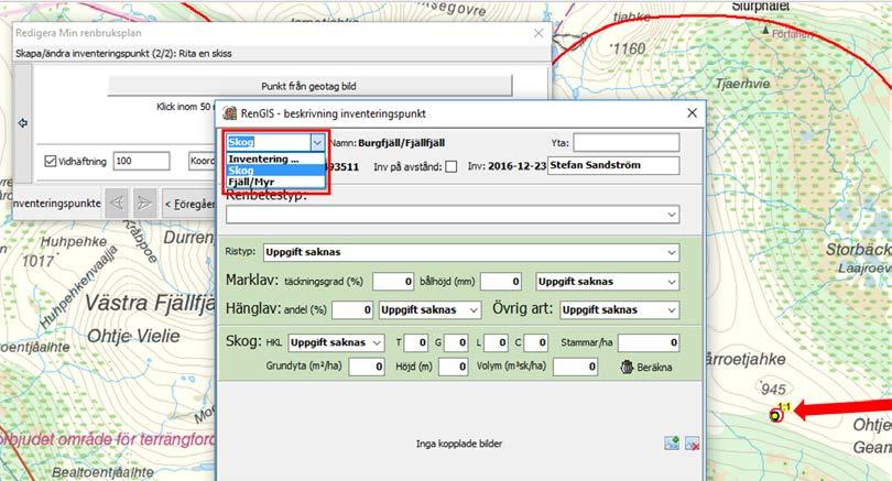 För den röda cirkeln över punkten och klicka med ritverktyget för att skapa en inventeringspunkt exakt på samma plats som den registrerade koordinaten.