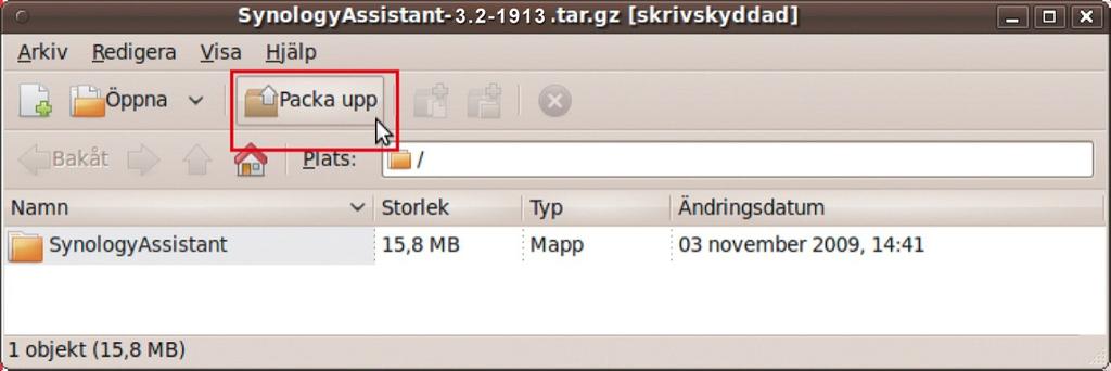 4 Klicka på Packa upp och packa sedan upp SynologyAssistant-katalogen till /usr/local eller någon annan sökväg. 3.