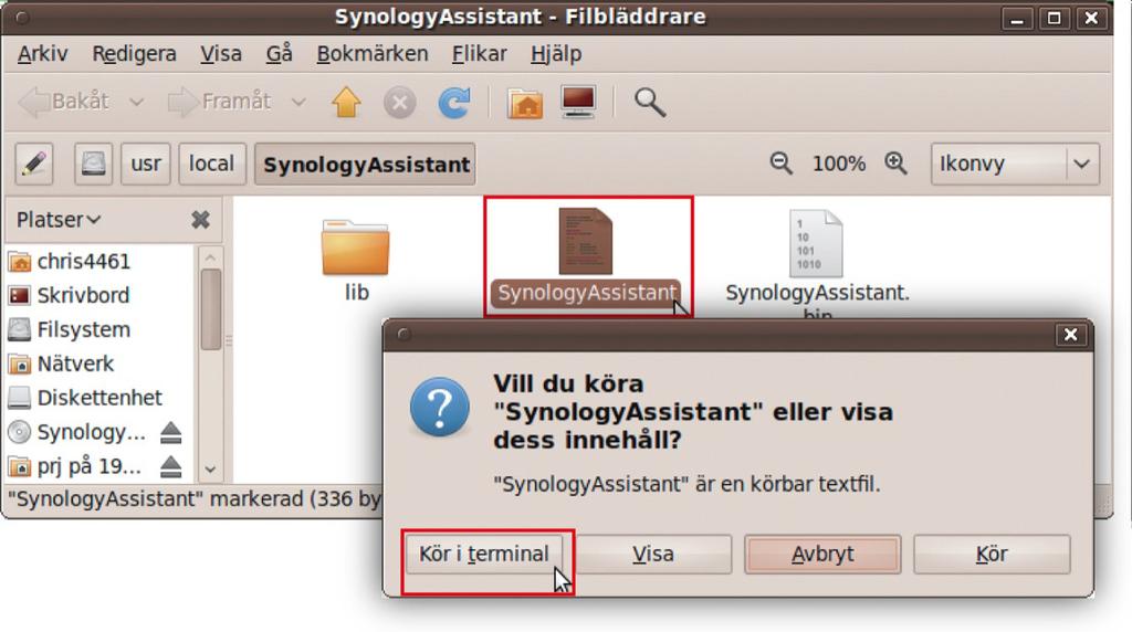 För att installera, skriv in följande kommando i terminalen: sudo apt-get install ia32-libs 5 Gå till sökvägen /usr/local/synologyassistant (eller [den sökväg du just angivit]/synologyassistant),