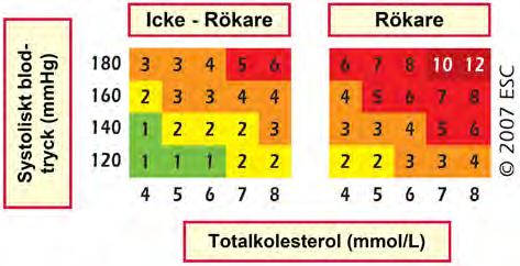 Praktiska anvisningar för SCORE För att fastställa en persons risk för kardiovaskulär död inom 10 år inleder man med att välja rätt kolumn utifrån kön och rökstatus.