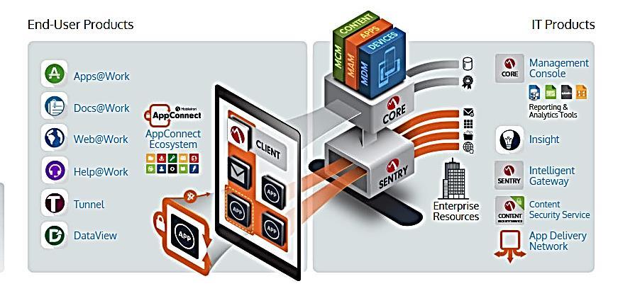 MobileIrons EMM plattform baseras på tre huvudsakliga komponenter: MobileIron Core MobileIron Sentry MobileIron Client Utöver detta finns ett antal ytterligare komponenter för slutanvändare som