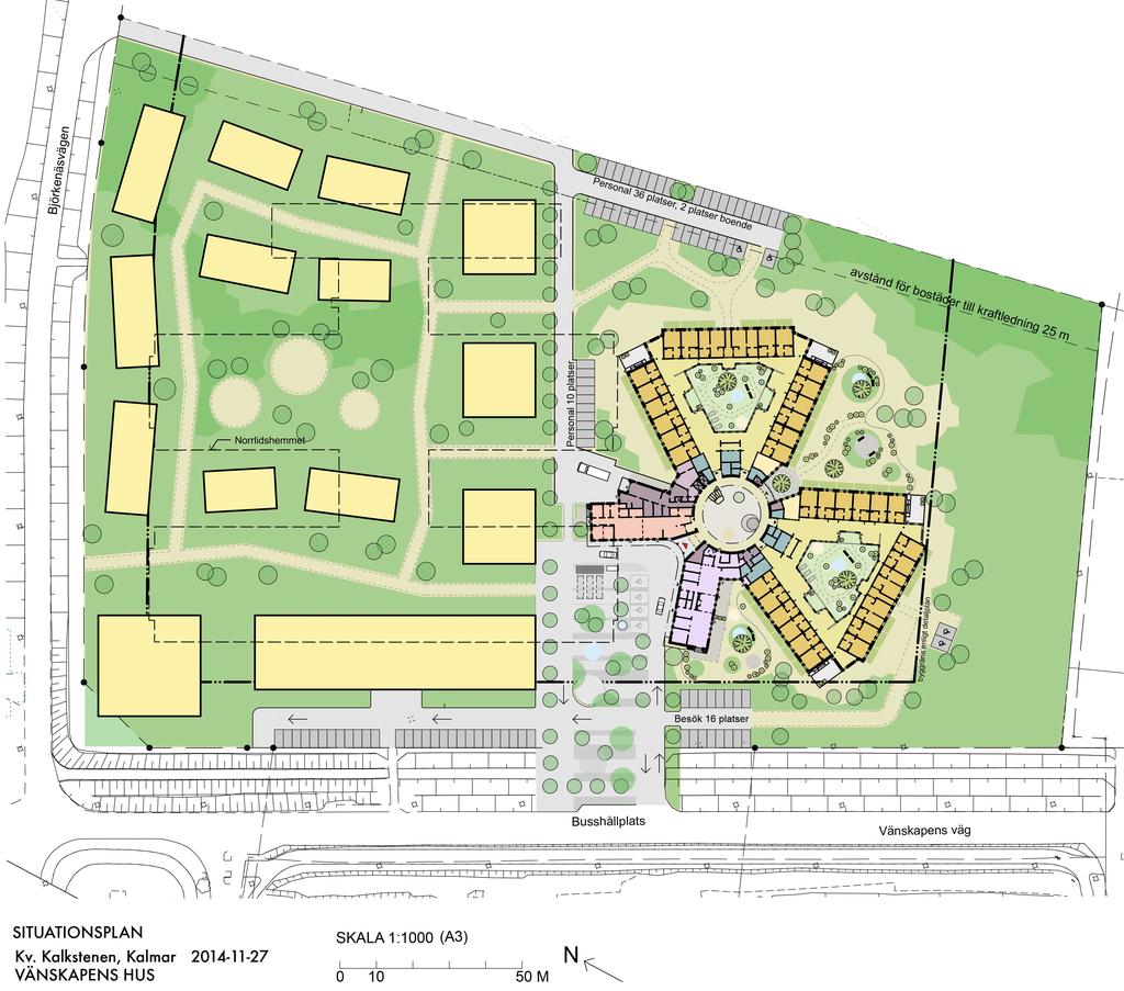 Situationsplan Design med omtanke Vi vill skapa och erbjuda ett modernt vård- och omsorgsboende med en tilltalande inre och yttremiljö för alla. Det ska vara lättorienterat, estetiskt och välkomnande.