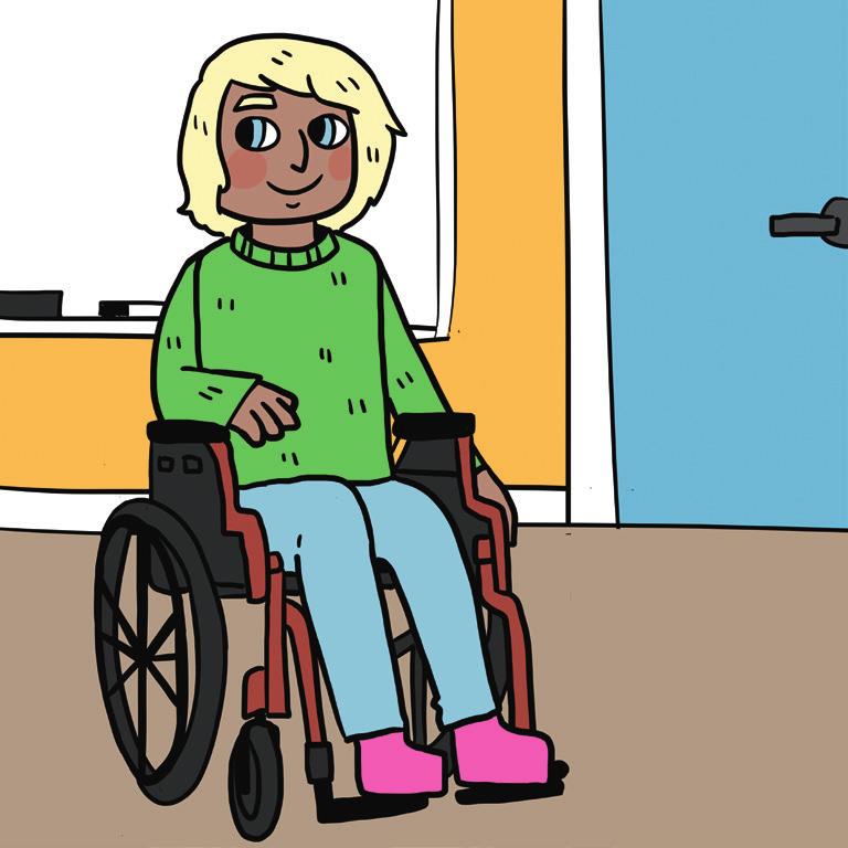 Adam i skolan Adam går i skolan. Han använder rullstol. Adam är med på alla lektioner i klassrummet.