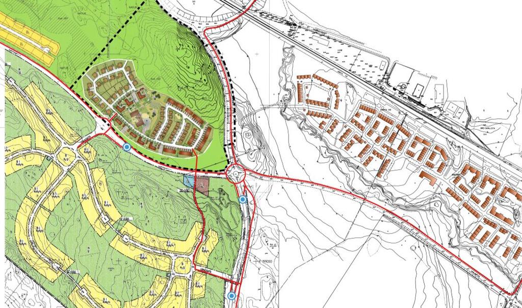 Bostadsområdet kommer inledningsvis att vara en bostadsenklav i en lantlig omgivning men kommer under de kommande årtiondena att hamna i ett allt mer urbant sammanhang när de nya stadsdelarna söder