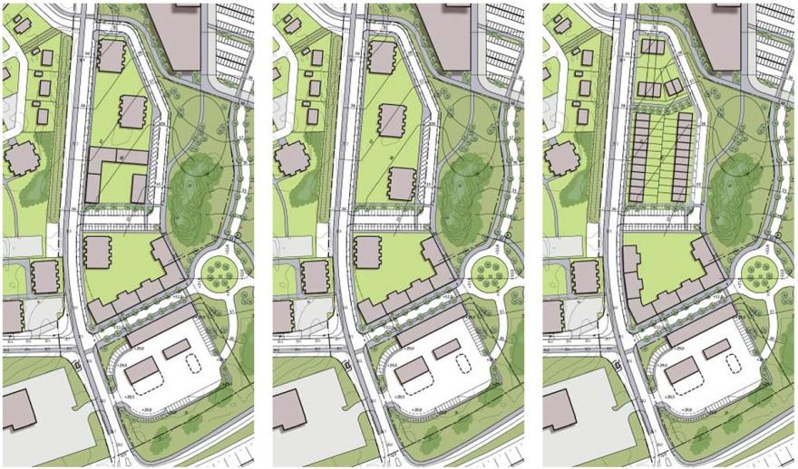 Sida 20 av 34 Bostäder Sydväst om handelsplatsen föreslås två bostadskvarter intill en lekplats och en kulle med bevarad naturmark. Kullen kommer att utgöra fond för bostädernas infartsgata.