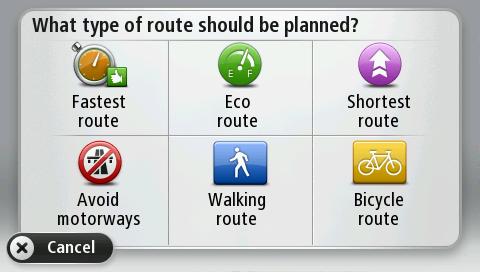 Välja en ruttyp Varje gång du planerar en rutt kan du välja att bli tillfrågad om vilken typ av rutt du vill planera. För att göra detta trycker du på Inställningar och sedan på Ruttplanering.