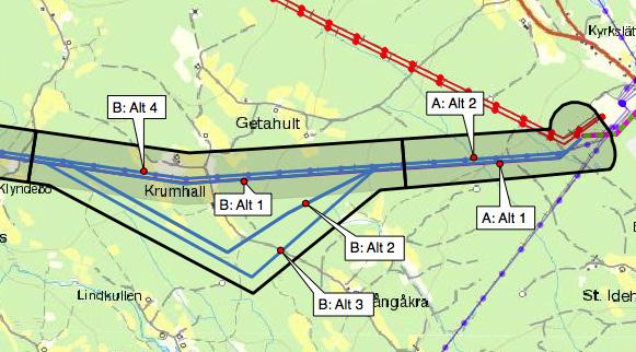 4 ALTERNATIVA LEDNINGS- STRÄCKNINGAR NYBRO - VACKAMO Sträckan är indelad i 4 delområden, A-D. Inom varje delområde finns ett antal alternativ som beskrivs nedan.