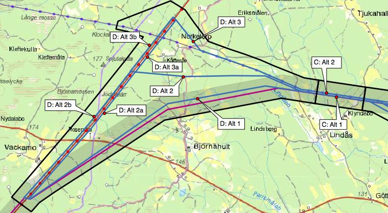 5 Lindås (Delområde C) Alternativ 1: Alternativet utgör den preliminära sträckningen som presenterades i samrådsunderlaget från januari 2015, där ledningen föreslås placeras parallellt med och på