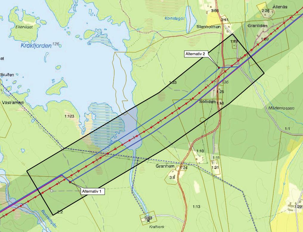 4 Alternativa ledningssträckningar Ällenäs-Solliden Alternativ 1 innebär att den nya ledningen går parallellt med och på den sydöstra sidan om befintlig 400 kv-ledning förbi byarna Ällenäs, Granliden