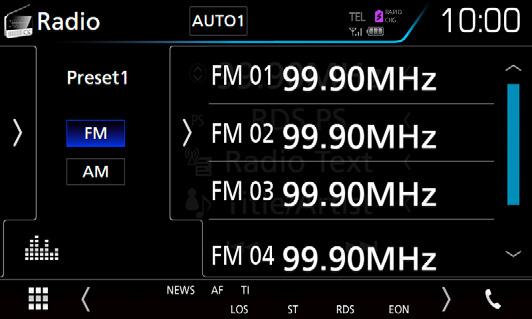 Innehåll A: PS-namn, radiotext, låttitel & artistnamn Innehåll B: PTY-genre, radiotext plus Preset#: Förinställningsnummer 2 [AUTO1] / [AUTO2] / [MANUAL] Växlar sökläge enligt följande ordningsföljd: