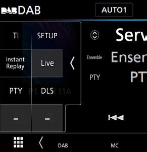 DAB DAB-inställning Du kan ange parametrar för digitalradio. 1 Tryck på vänstra sidan av skärmen. Tryck på [SETUP]. hhskärmen DAB SETUP visas. 2 Ställ in varje funktion som följer.