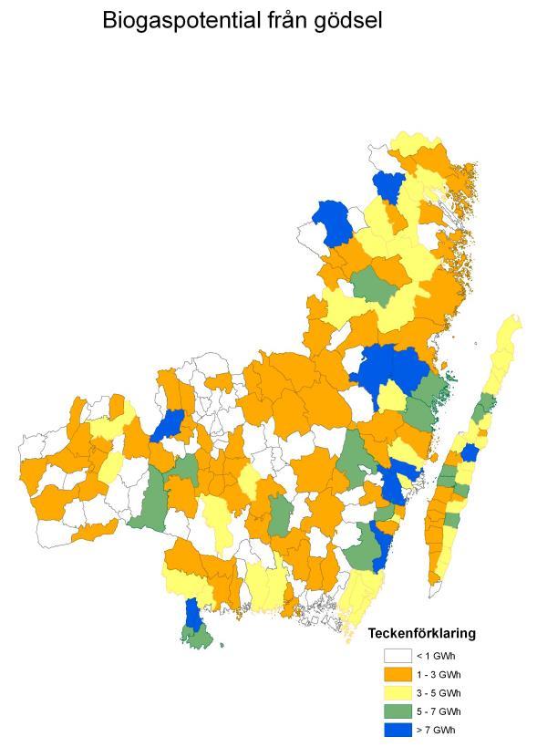 Biogaspotential från gödsel Kommun GWh Vimmerby 27,0 Västervik 41,3 Hultsfred 19,5 Oskarshamn 7,9 Högsby 16,1 Mönsterås 22,0 Nybro 14,3 Kalmar 41,8 Emmaboda 4,9 Torsås 16,8