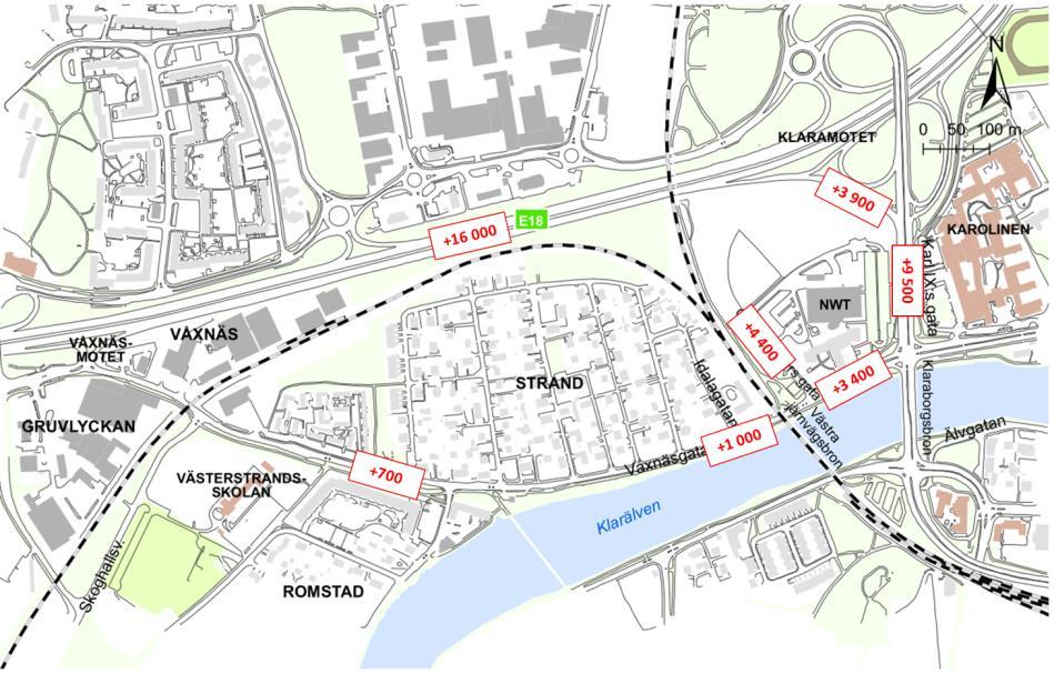 2 FRAMTIDA TRAFIK Trafikprognosen visar att med de tänkta exploateringarna i Fanfaren och i Härolden kommer alstringen från de två områdena att bli cirka 4 400 resor/vardagsdygn.