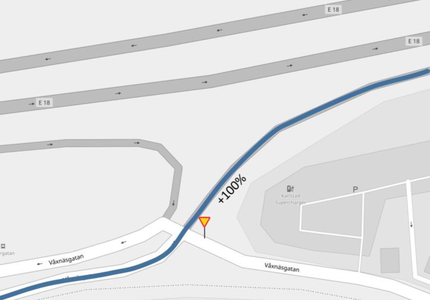 Figur 5. Trafikflödet på Våxnäsgatan i riktning mot E18 fördubblas till prognosåret 2040. Karl IX gata är den mest belastade gatan i de centra delarna av Karlstad.