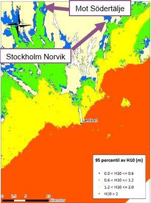 Figur 7: 95-percentilen av H10 för område kring Landsort Figur 8: 95-percentilen av H10 norr om Landsort Utifrån ovanstående skulle det därför vara möjligt att utifrån ett vågperspektiv flytta